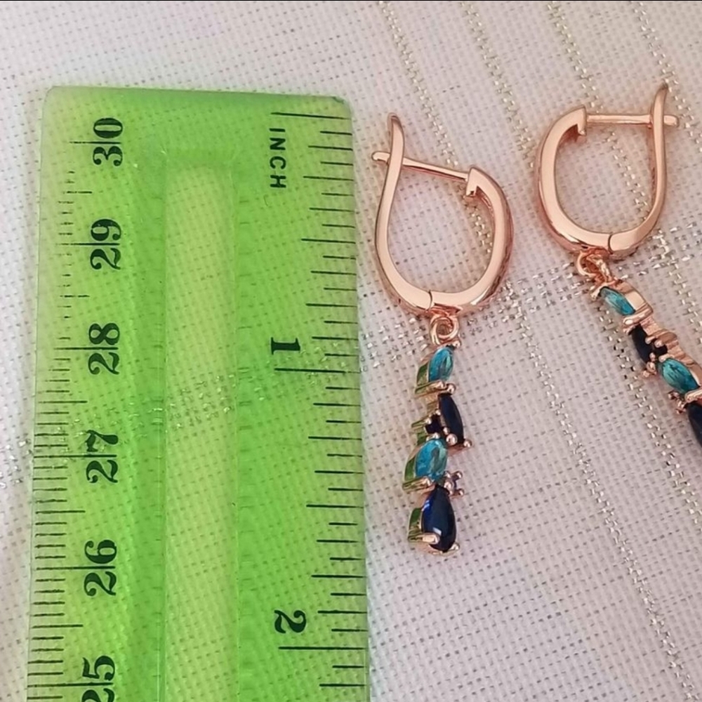 New 14K Gold Plated Blue Sapphire Aquamarine Dangle Drop Hoop Earrings for Women - Picture 5 of 6